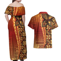 Samoan Pacific Tribal Flower Geometric Art Tattoos Couples Matching Off Shoulder Maxi Dress and Hawaiian Shirt Siapo Pattern Flame Sunset - Polynesian Pride