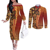 Samoan Pacific Tribal Flower Geometric Art Tattoos Couples Matching Off The Shoulder Long Sleeve Dress and Long Sleeve Button Shirt Siapo Pattern Flame Sunset - Polynesian Pride