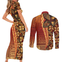 Samoan Pacific Tribal Flower Geometric Art Tattoos Couples Matching Short Sleeve Bodycon Dress and Long Sleeve Button Shirt Siapo Pattern Flame Sunset LT03 - Polynesian Pride