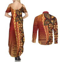 Samoan Pacific Tribal Flower Geometric Art Tattoos Couples Matching Summer Maxi Dress and Long Sleeve Button Shirt Siapo Pattern Flame Sunset - Polynesian Pride