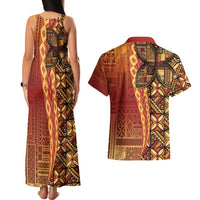Samoan Pacific Tribal Flower Geometric Art Tattoos Couples Matching Tank Maxi Dress and Hawaiian Shirt Siapo Pattern Flame Sunset - Polynesian Pride