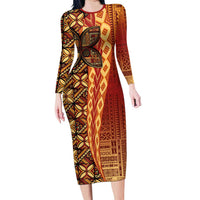 Samoan Pacific Tribal Flower Geometric Art Tattoos Family Matching Long Sleeve Bodycon Dress and Hawaiian Shirt Siapo Pattern Flame Sunset LT03 Mom's Dress Red - Polynesian Pride