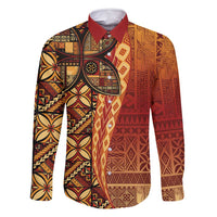 Samoan Pacific Tribal Flower Geometric Art Tattoos Family Matching Mermaid Dress and Hawaiian Shirt Siapo Pattern Flame Sunset LT03 Dad's Shirt - Long Sleeve Red - Polynesian Pride