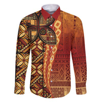 Samoan Pacific Tribal Flower Geometric Art Tattoos Family Matching Off The Shoulder Long Sleeve Dress and Hawaiian Shirt Siapo Pattern Flame Sunset LT03 Dad's Shirt - Long Sleeve Red - Polynesian Pride