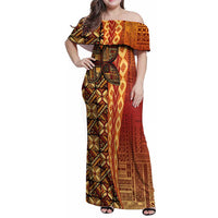 Samoan Pacific Tribal Flower Geometric Art Tattoos Family Matching Off Shoulder Maxi Dress and Hawaiian Shirt Siapo Pattern Flame Sunset LT03 Mom's Dress Red - Polynesian Pride