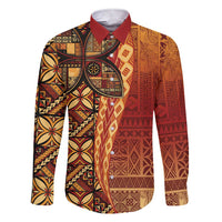 Samoan Pacific Tribal Flower Geometric Art Tattoos Family Matching Short Sleeve Bodycon Dress and Hawaiian Shirt Siapo Pattern Flame Sunset LT03 Dad's Shirt - Long Sleeve Red - Polynesian Pride