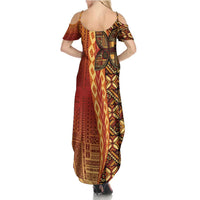 Samoan Pacific Tribal Flower Geometric Art Tattoos Family Matching Summer Maxi Dress and Hawaiian Shirt Siapo Pattern Flame Sunset LT03 - Polynesian Pride