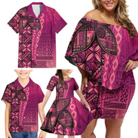 Samoan Pacific Tribal Flower Geometric Art Tattoos Family Matching Off Shoulder Short Dress and Hawaiian Shirt Siapo Pattern Romantic Rose LT03 - Polynesian Pride
