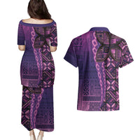 Samoan Pacific Tribal Flower Geometric Art Tattoos Couples Matching Puletasi and Hawaiian Shirt Siapo Pattern Purple Haze - Polynesian Pride