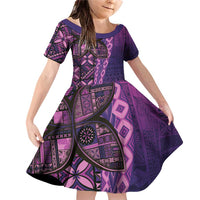Samoan Pacific Tribal Flower Geometric Art Tattoos Family Matching Off Shoulder Short Dress and Hawaiian Shirt Siapo Pattern Purple Haze LT03 Daughter's Dress Purple - Polynesian Pride