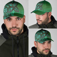 Samoan Pacific Tribal Flower Geometric Art Tattoos Classic Cap Siapo Pattern Emerald Glow - Polynesian Pride