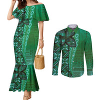 Samoan Pacific Tribal Flower Geometric Art Tattoos Couples Matching Mermaid Dress and Long Sleeve Button Shirt Siapo Pattern Emerald Glow - Polynesian Pride