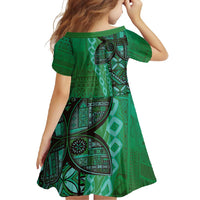 Samoan Pacific Tribal Flower Geometric Art Tattoos Family Matching Off Shoulder Maxi Dress and Hawaiian Shirt Siapo Pattern Emerald Glow LT03 - Polynesian Pride