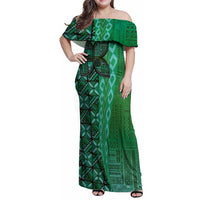 Samoan Pacific Tribal Flower Geometric Art Tattoos Family Matching Off Shoulder Maxi Dress and Hawaiian Shirt Siapo Pattern Emerald Glow LT03 Mom's Dress Green - Polynesian Pride