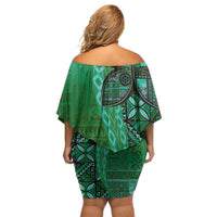 Samoan Pacific Tribal Flower Geometric Art Tattoos Family Matching Off Shoulder Short Dress and Hawaiian Shirt Siapo Pattern Emerald Glow LT03 - Polynesian Pride