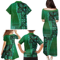 Samoan Pacific Tribal Flower Geometric Art Tattoos Family Matching Puletasi and Hawaiian Shirt Siapo Pattern Emerald Glow - Polynesian Pride
