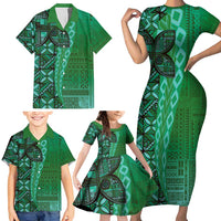 Samoan Pacific Tribal Flower Geometric Art Tattoos Family Matching Short Sleeve Bodycon Dress and Hawaiian Shirt Siapo Pattern Emerald Glow LT03 - Polynesian Pride