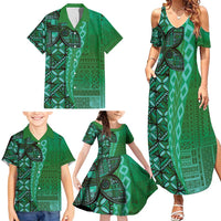 Samoan Pacific Tribal Flower Geometric Art Tattoos Family Matching Summer Maxi Dress and Hawaiian Shirt Siapo Pattern Emerald Glow LT03 - Polynesian Pride