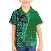 Samoan Pacific Tribal Flower Geometric Art Tattoos Family Matching Summer Maxi Dress and Hawaiian Shirt Siapo Pattern Emerald Glow LT03 Son's Shirt Green - Polynesian Pride