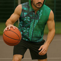 Samoan Pacific Tribal Flower Geometric Art Tattoos Sleeveless Zip Hoodie Siapo Pattern Emerald Glow - Polynesian Pride