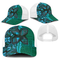 Samoan Pacific Tribal Flower Geometric Art Tattoos Baseball Net Cap Siapo Pattern Turquoise Tide - Polynesian Pride