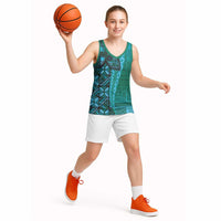 Samoan Pacific Tribal Flower Geometric Art Tattoos Basketball Jersey Siapo Pattern Turquoise Tide - Polynesian Pride