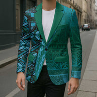 Samoan Pacific Tribal Flower Geometric Art Tattoos Blazer Siapo Pattern Turquoise Tide - Polynesian Pride