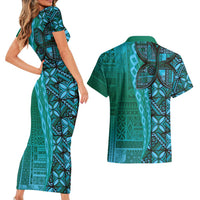 Samoan Pacific Tribal Flower Geometric Art Tattoos Couples Matching Short Sleeve Bodycon Dress and Hawaiian Shirt Siapo Pattern Turquoise Tide - Polynesian Pride