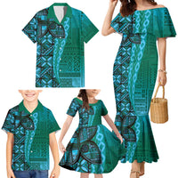 Samoan Pacific Tribal Flower Geometric Art Tattoos Family Matching Mermaid Dress and Hawaiian Shirt Siapo Pattern Turquoise Tide LT03 - Polynesian Pride