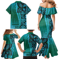 Samoan Pacific Tribal Flower Geometric Art Tattoos Family Matching Mermaid Dress and Hawaiian Shirt Siapo Pattern Turquoise Tide LT03 - Polynesian Pride