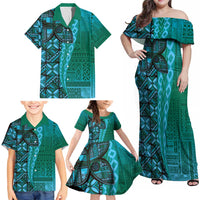 Samoan Pacific Tribal Flower Geometric Art Tattoos Family Matching Off Shoulder Maxi Dress and Hawaiian Shirt Siapo Pattern Turquoise Tide LT03 - Polynesian Pride