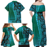 Samoan Pacific Tribal Flower Geometric Art Tattoos Family Matching Off Shoulder Maxi Dress and Hawaiian Shirt Siapo Pattern Turquoise Tide LT03 - Polynesian Pride