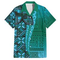 Samoan Pacific Tribal Flower Geometric Art Tattoos Family Matching Off Shoulder Maxi Dress and Hawaiian Shirt Siapo Pattern Turquoise Tide LT03 Dad's Shirt - Short Sleeve Turquoise - Polynesian Pride