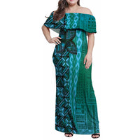 Samoan Pacific Tribal Flower Geometric Art Tattoos Family Matching Off Shoulder Maxi Dress and Hawaiian Shirt Siapo Pattern Turquoise Tide LT03 Mom's Dress Turquoise - Polynesian Pride