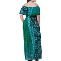 Samoan Pacific Tribal Flower Geometric Art Tattoos Family Matching Off Shoulder Maxi Dress and Hawaiian Shirt Siapo Pattern Turquoise Tide LT03 - Polynesian Pride