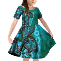 Samoan Pacific Tribal Flower Geometric Art Tattoos Family Matching Off Shoulder Short Dress and Hawaiian Shirt Siapo Pattern Turquoise Tide LT03 Daughter's Dress Turquoise - Polynesian Pride