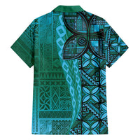 Samoan Pacific Tribal Flower Geometric Art Tattoos Family Matching Off Shoulder Short Dress and Hawaiian Shirt Siapo Pattern Turquoise Tide LT03 - Polynesian Pride