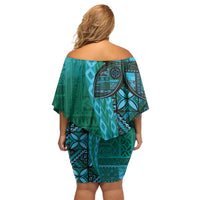 Samoan Pacific Tribal Flower Geometric Art Tattoos Family Matching Off Shoulder Short Dress and Hawaiian Shirt Siapo Pattern Turquoise Tide LT03 - Polynesian Pride