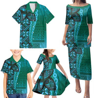 Samoan Pacific Tribal Flower Geometric Art Tattoos Family Matching Puletasi and Hawaiian Shirt Siapo Pattern Turquoise Tide LT03 - Polynesian Pride
