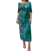 Samoan Pacific Tribal Flower Geometric Art Tattoos Family Matching Puletasi and Hawaiian Shirt Siapo Pattern Turquoise Tide LT03 Mom's Dress Turquoise - Polynesian Pride