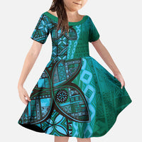 Samoan Pacific Tribal Flower Geometric Art Tattoos Family Matching Short Sleeve Bodycon Dress and Hawaiian Shirt Siapo Pattern Turquoise Tide LT03 Daughter's Dress Turquoise - Polynesian Pride