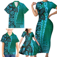 Samoan Pacific Tribal Flower Geometric Art Tattoos Family Matching Short Sleeve Bodycon Dress and Hawaiian Shirt Siapo Pattern Turquoise Tide LT03 - Polynesian Pride