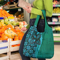 Samoan Pacific Tribal Flower Geometric Art Tattoos Grocery Bag Siapo Pattern Turquoise Tide - Polynesian Pride