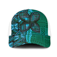 Samoan Pacific Tribal Flower Geometric Art Tattoos Mesh Trucker Cap Siapo Pattern Turquoise Tide - Polynesian Pride