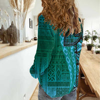 Samoan Pacific Tribal Flower Geometric Art Tattoos Women Casual Shirt Siapo Pattern Turquoise Tide - Polynesian Pride
