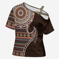 Fijian Masi Tribal Tattoos Art Pattern Cross Shoulder Shirt Brown Color Half Style - Polynesian Pride