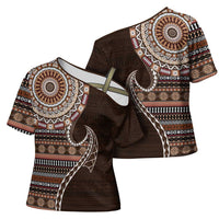 Fijian Masi Tribal Tattoos Art Pattern Cross Shoulder Shirt Brown Color Half Style - Polynesian Pride