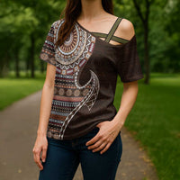 Fijian Masi Tribal Tattoos Art Pattern Cross Shoulder Shirt Brown Color Half Style - Polynesian Pride