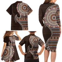 Fijian Masi Tribal Tattoos Art Pattern Family Matching Long Sleeve Bodycon Dress and Hawaiian Shirt Brown Color Half Style LT03 - Polynesian Pride