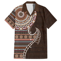 Fijian Masi Tribal Tattoos Art Pattern Family Matching Off The Shoulder Long Sleeve Dress and Hawaiian Shirt Brown Color Half Style LT03 Dad's Shirt - Short Sleeve Brown - Polynesian Pride